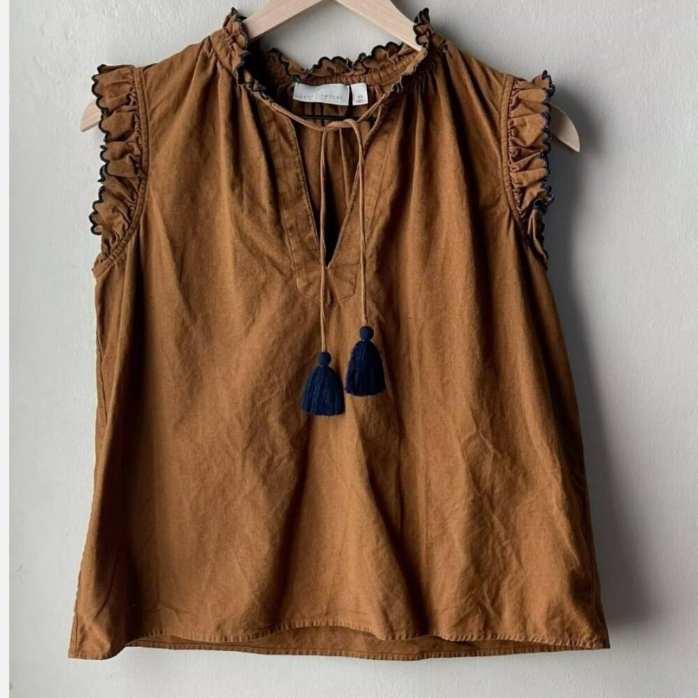 Happy X Nature Boho Tassel Flutter Sleeve Brown Blouse